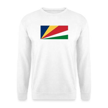 Seychellen – Flaggenwappen, strahlende, bunte Streifen - Unisex Pullover - Weiß - Vorne - Alina (178cm) & Michal (187cm)