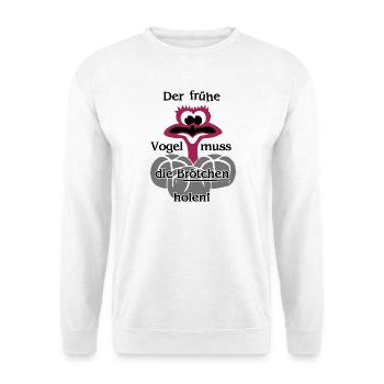 Der frühe Vogel muss die Brötchen holen - Beutel - Unisex Pullover - Weiß - Vorne - Alina (178cm) & Michal (187cm)