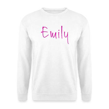 Emily Neon Pink Handschrift - Unisex Pullover - Weiß - Vorne - Alina (178cm) & Michal (187cm)