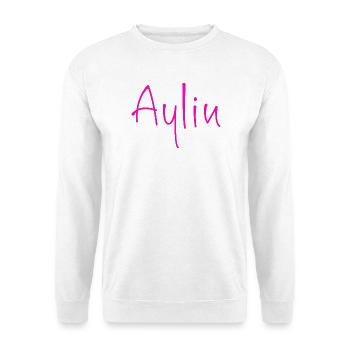 Aylin NeonPink Schriftzug - Unisex Pullover - Weiß - Vorne - Alina (178cm) & Michal (187cm)