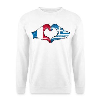 Frankreich Griechenland Flagge Hände Herzform used - Unisex Pullover - Weiß - Vorne - Alina (178cm) & Michal (187cm)