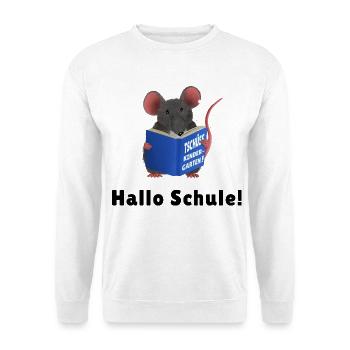 Hallo Schule - Ratte mit Buch Tschüss Kindergarten - Unisex Pullover - Weiß - Vorne - Alina (178cm) & Michal (187cm)