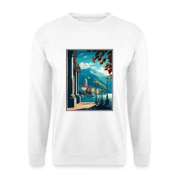 Locarno Schweiz Vintage Reiseposter Souvenir - Unisex Pullover - Weiß - Vorne - Alina (178cm) & Michal (187cm)