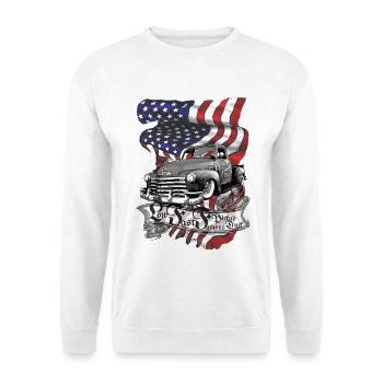 Vintage-Truck Flaggen-Tattoo - Unisex Pullover - Weiß - Vorne - Alina (178cm) & Michal (187cm)