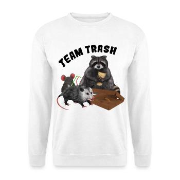 Team Trash - Trash Animals Clique mit Pizzakarton - Unisex Pullover - Weiß - Vorne - Alina (178cm) & Michal (187cm)