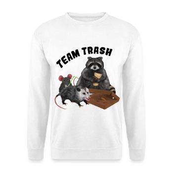 Team Trash - Trash Animals Clique mit Pizzakarton - Unisex Pullover - Weiß - Vorne - Alina (178cm) & Michal (187cm)