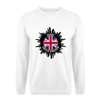 Derby Skyline UK Flagge Reise-Souvenir - Unisex Pullover - Weiß - Vorne - Alina (178cm) & Michal (187cm)