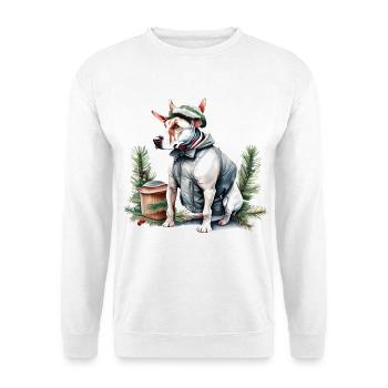 Englischer Bullterrier mit Weihnachtsmannmütze - Unisex Pullover - Weiß - Vorne - Alina (178cm) & Michal (187cm)