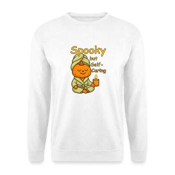 Spooky Kürbis beim Self-Care Wellness - Unisex Pullover - Weiß - Vorne - Alina (178cm) & Michal (187cm)