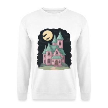 Pastell Spukhaus mit Fledermäusen Halloween - Unisex Pullover - Weiß - Vorne - Alina (178cm) & Michal (187cm)