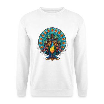 Pfauenbunte Aquarell-Tierillustration - Unisex Pullover - Weiß - Vorne - Alina (178cm) & Michal (187cm)
