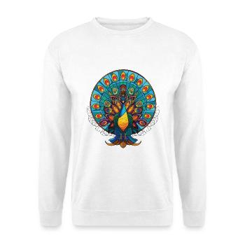 Pfauenbunte Aquarell-Tierillustration - Unisex Pullover - Weiß - Vorne - Alina (178cm) & Michal (187cm)