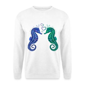Seepferdchen Paar mit Herzen - Romantisches Motiv - Unisex Pullover - Weiß - Vorne - Alina (178cm) & Michal (187cm)