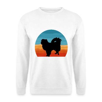 Japanisches Kinn Hundeliebhaber Silhouette Vintage Sonnenuntergang - Unisex Pullover - Weiß - Vorne - Alina (178cm) & Michal (187cm)