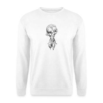Muskelmann mit Globus - Unisex Pullover - Weiß - Vorne - Alina (178cm) & Michal (187cm)
