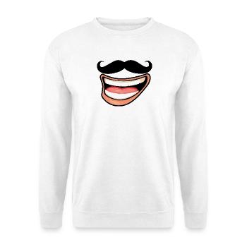 Lachender Mund für Mundmaske mit Schnurrbart - Unisex Pullover - Weiß - Vorne - Alina (178cm) & Michal (187cm)