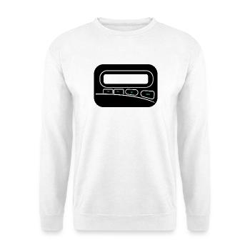 Melder Pager zum selbst gestalten - Unisex Pullover - Weiß - Vorne - Alina (178cm) & Michal (187cm)