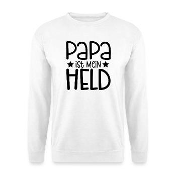 Papa ist mein Held Vatertag Motiv - Unisex Pullover - Weiß - Vorne - Alina (178cm) & Michal (187cm)