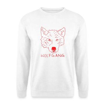 Wolfgang – rotes Wolf-Tiermotiv - Unisex Pullover - Weiß - Vorne - Alina (178cm) & Michal (187cm)