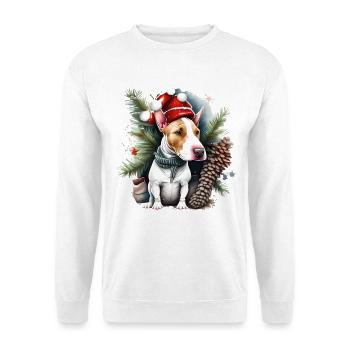 Englischer Bullterrier trägt Weihnachtsmannmütze - Unisex Pullover - Weiß - Vorne - Alina (178cm) & Michal (187cm)