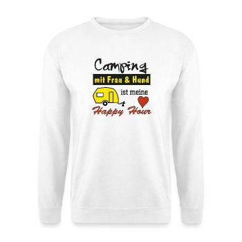 happy hour camping mit frau und hund - Unisex Pullover - Weiß - Vorne - Alina (178cm) & Michal (187cm)