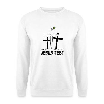 Jesus lebt - Kreuz Auferstehung Hoffnung Glaube - Unisex Pullover - Weiß - Vorne - Alina (178cm) & Michal (187cm)