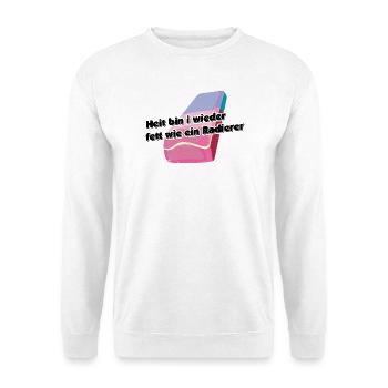 fett wie ein Radiere, österreichisch für betrunken - Unisex Pullover - Weiß - Vorne - Alina (178cm) & Michal (187cm)