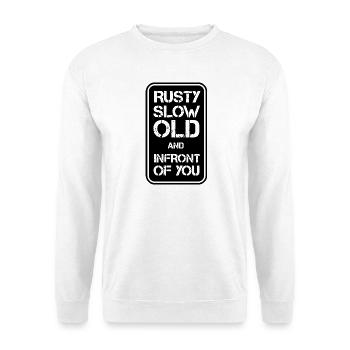 Rusty Slow but Infront - Unisex Pullover - Weiß - Vorne - Alina (178cm) & Michal (187cm)