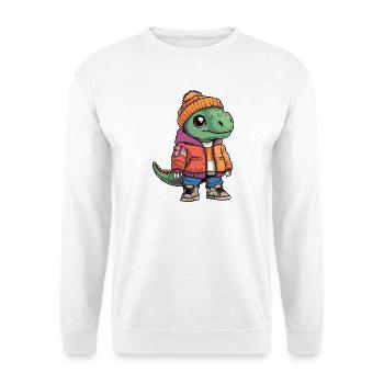 Dinosaurier mit orangefarbener Winterjacke - Unisex Pullover - Weiß - Vorne - Alina (178cm) & Michal (187cm)