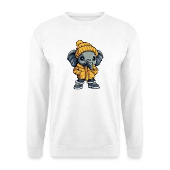 Elefant mit gelber Winterjacke und Mütze - Unisex Pullover - Weiß - Vorne - Alina (178cm) & Michal (187cm)