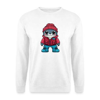 Robbe mit Winterjacke und roter Mütze - Unisex Pullover - Weiß - Vorne - Alina (178cm) & Michal (187cm)