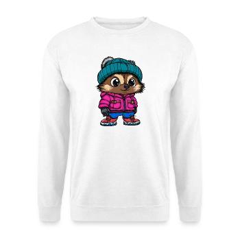 Igel mit pinker Winterjacke und Mütze - Unisex Pullover - Weiß - Vorne - Alina (178cm) & Michal (187cm)