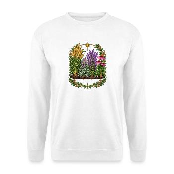 Pflanzenkranz im Sonnenkreis - Unisex Pullover - Weiß - Vorne - Alina (178cm) & Michal (187cm)