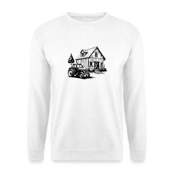 Rustikale Scheune mit Traktor - Unisex Pullover - Weiß - Vorne - Alina (178cm) & Michal (187cm)