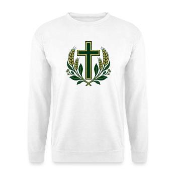 Grünes Kreuz mit goldener Erntekranz - Unisex Pullover - Weiß - Vorne - Alina (178cm) & Michal (187cm)