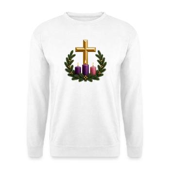 Adventskranz mit Kreuz und Kerzen - Unisex Pullover - Weiß - Vorne - Alina (178cm) & Michal (187cm)