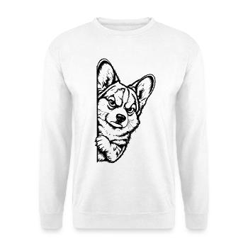 Grimmiger Corgi – Halbes Schwarz Weiß Porträt - Unisex Pullover - Weiß - Vorne - Alina (178cm) & Michal (187cm)