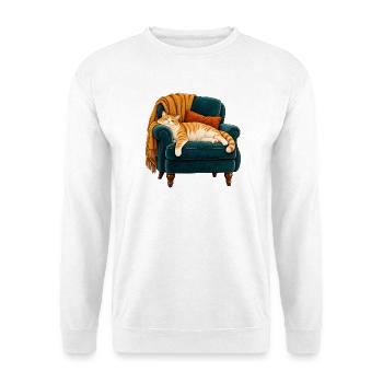 Sitzplatz übernommen – Katze im Vintage-Sessel - Unisex Pullover - Weiß - Vorne - Alina (178cm) & Michal (187cm)