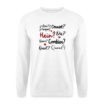 Französische Fragepronomen - Unisex Pullover - Weiß - Vorne - Alina (178cm) & Michal (187cm)
