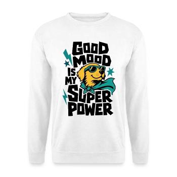 Hund als Superheld – Good Mood Is My Super Power - Unisex Pullover - Weiß - Vorne - Alina (178cm) & Michal (187cm)