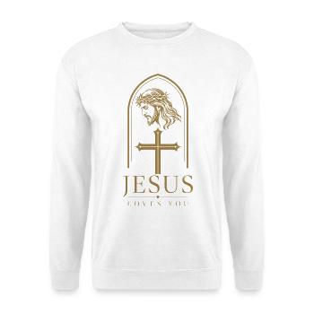 Jesus Loves You – Portrait mit Dornenkrone & Kreuz - Unisex Pullover - Weiß - Vorne - Alina (178cm) & Michal (187cm)