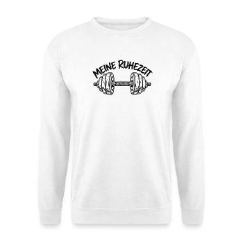Meine Ruhezeit – Hantel– Krafttraining - Unisex Pullover - Weiß - Vorne - Alina (178cm) & Michal (187cm)