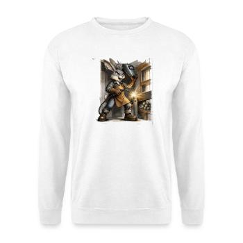 Bunny Punk Schweißer im Werkschuppen - Unisex Pullover - Weiß - Vorne - Alina (178cm) & Michal (187cm)