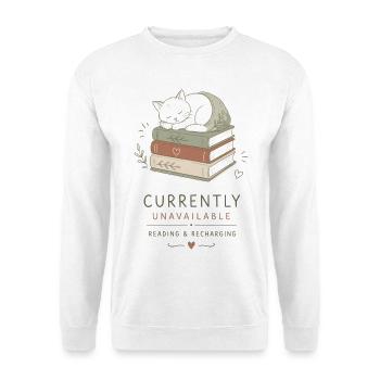 Schlafender Kater auf Büchern - Unisex Pullover - Weiß - Vorne - Alina (178cm) & Michal (187cm)