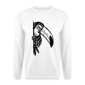 Tukan – Halbes Schwarz Weiß Vogelporträt - Unisex Pullover - Weiß - Vorne - Alina (178cm) & Michal (187cm)