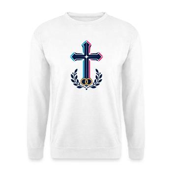 Neon Kreuz mit Lorbeerring - Unisex Pullover - Weiß - Vorne - Alina (178cm) & Michal (187cm)