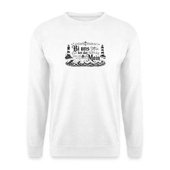 Bi uns het dat Moin – Plattdeutsch Shirt - Unisex Pullover - Weiß - Vorne - Alina (178cm) & Michal (187cm)