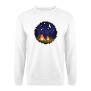 Pixel Art Lagerfeuer und Zelt unter Sternen - Unisex Pullover - Weiß - Vorne - Alina (178cm) & Michal (187cm)