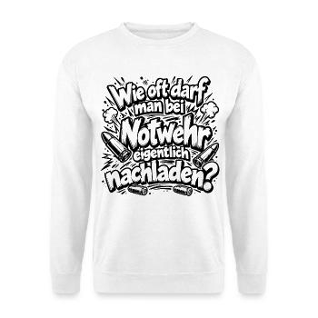 Lustiger Spruch Wie oft darf man bei Notwehr... - Unisex Pullover - Weiß - Vorne - Alina (178cm) & Michal (187cm)
