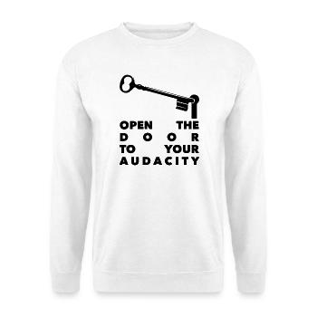 Öffne die Tür zu deiner Dreistigkeit - Unisex Pullover - Weiß - Vorne - Alina (178cm) & Michal (187cm)